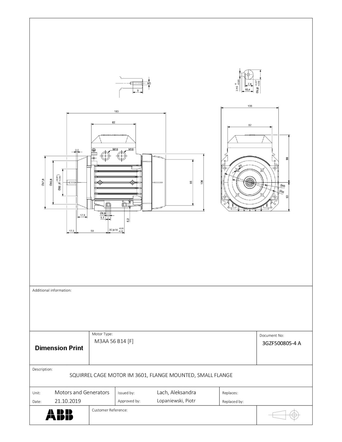 Motor Eléctrico Trifasico ABB De 0,06 Kw ( 0,08 Hp) 1500 Rpm B14 (BRIDA ...